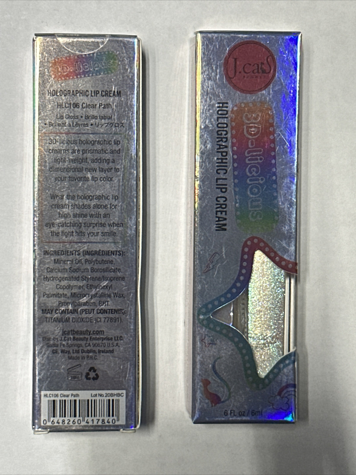 J. Cat Beauty Lip Gloss Holographic Cream 3D-Licious  CLEAR PATH HLC 106 (2PACK)