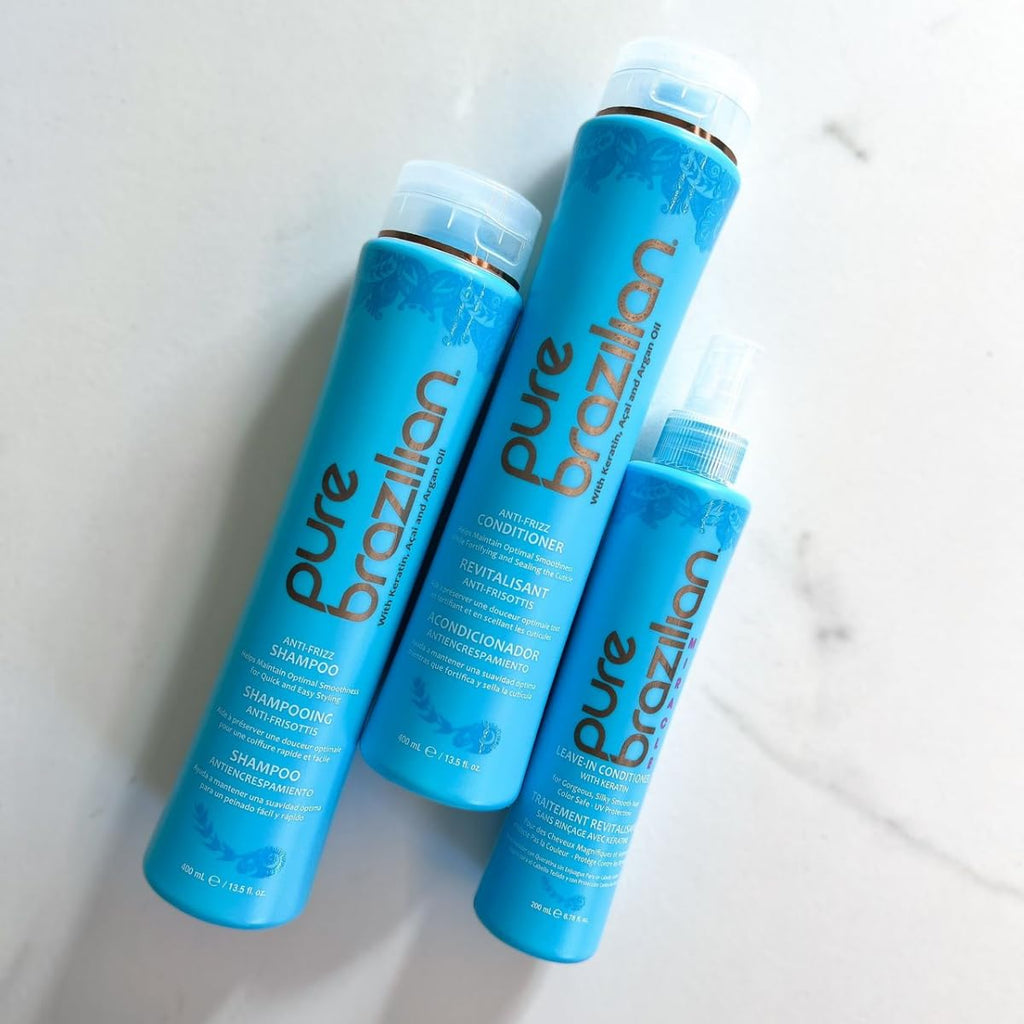 Pure Brazilian 3-Piece Daily Essentials Kit: Anti-Frizz Shampoo, Conditioner & Miracle Leave-In Conditioner with Keratin, Cocoa Butter & Bulgarian Rose Wate