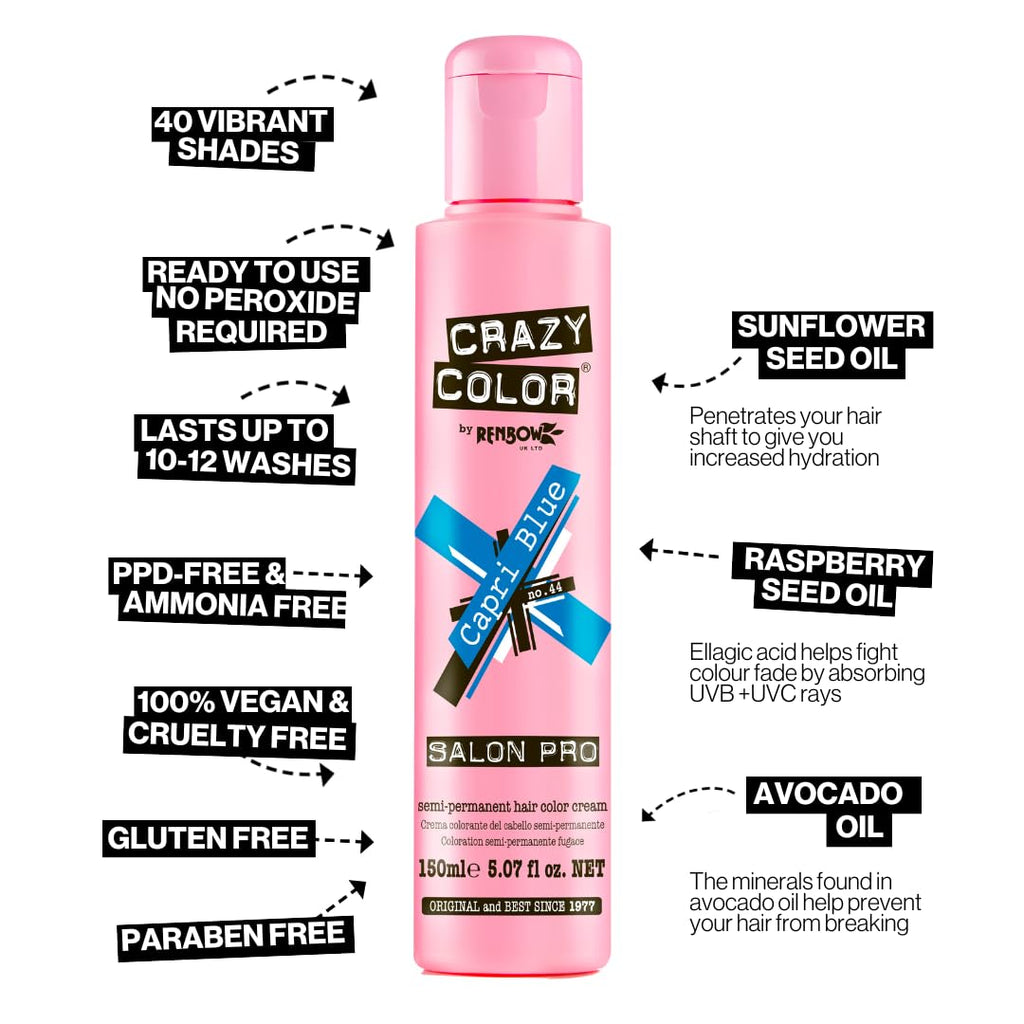 Crazy Color Crazy Color Salon Pro Semi Permanent Hair Color - 44 Capri Blue Hair Color Women 5.07 oz