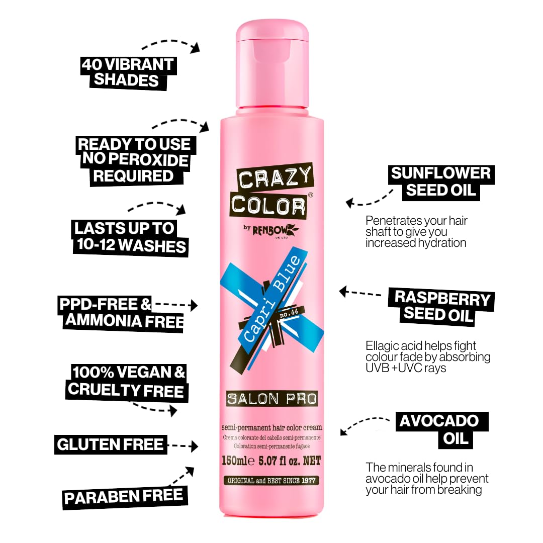 Crazy Color Crazy Color Salon Pro Semi Permanent Hair Color - 44 Capri Blue Hair Color Women 5.07 oz