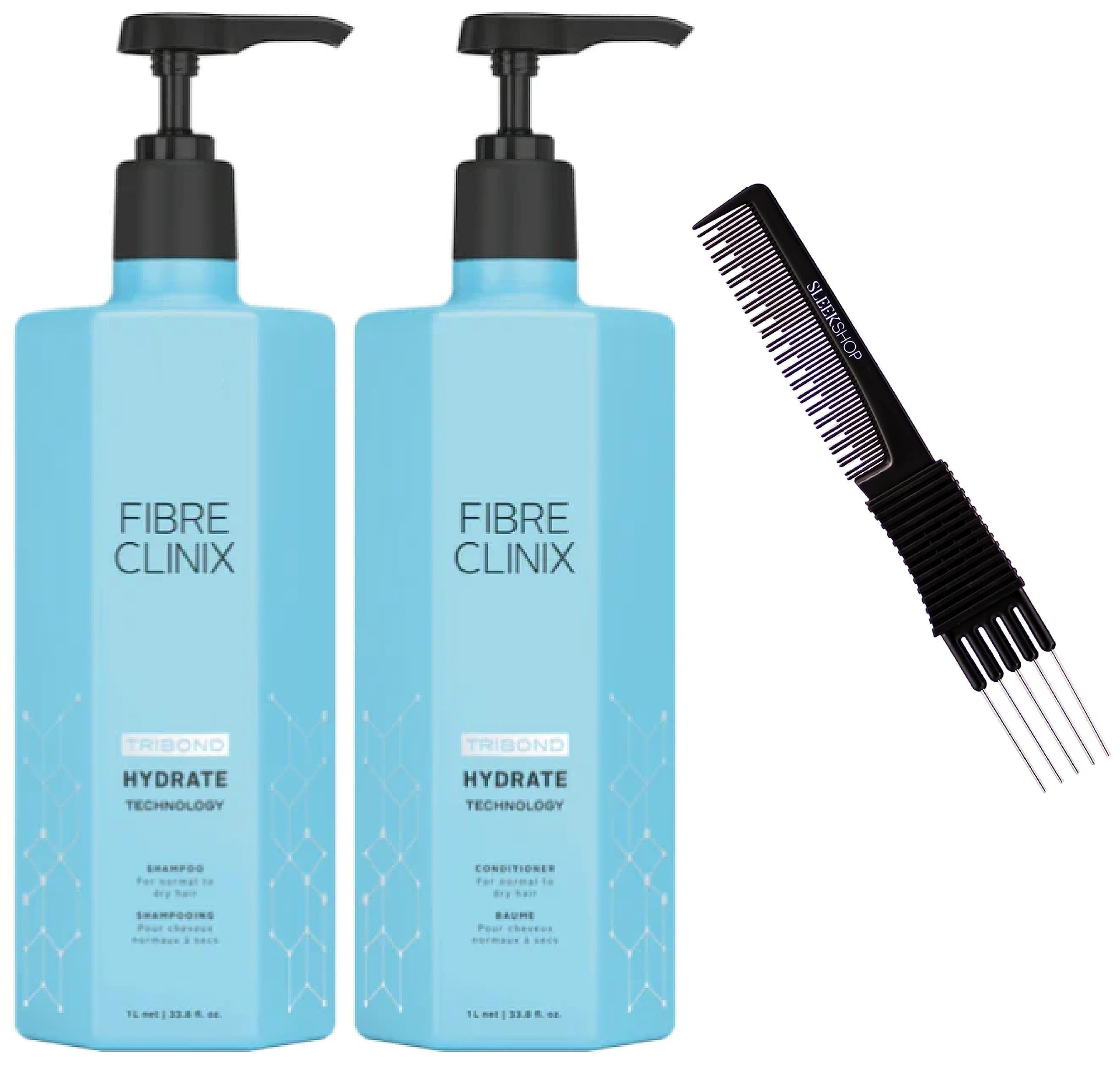 Sleekshop Schwarzkapf FIBRE CLINIX Hydrate Shampoo (33 oz) & Conditioner (33 oz) Duo Set - Hydrating, Tribond Technology for Normal to Dry Hair Repair and Sealed Ends (w/ Premium Carbon Teasing Comb)