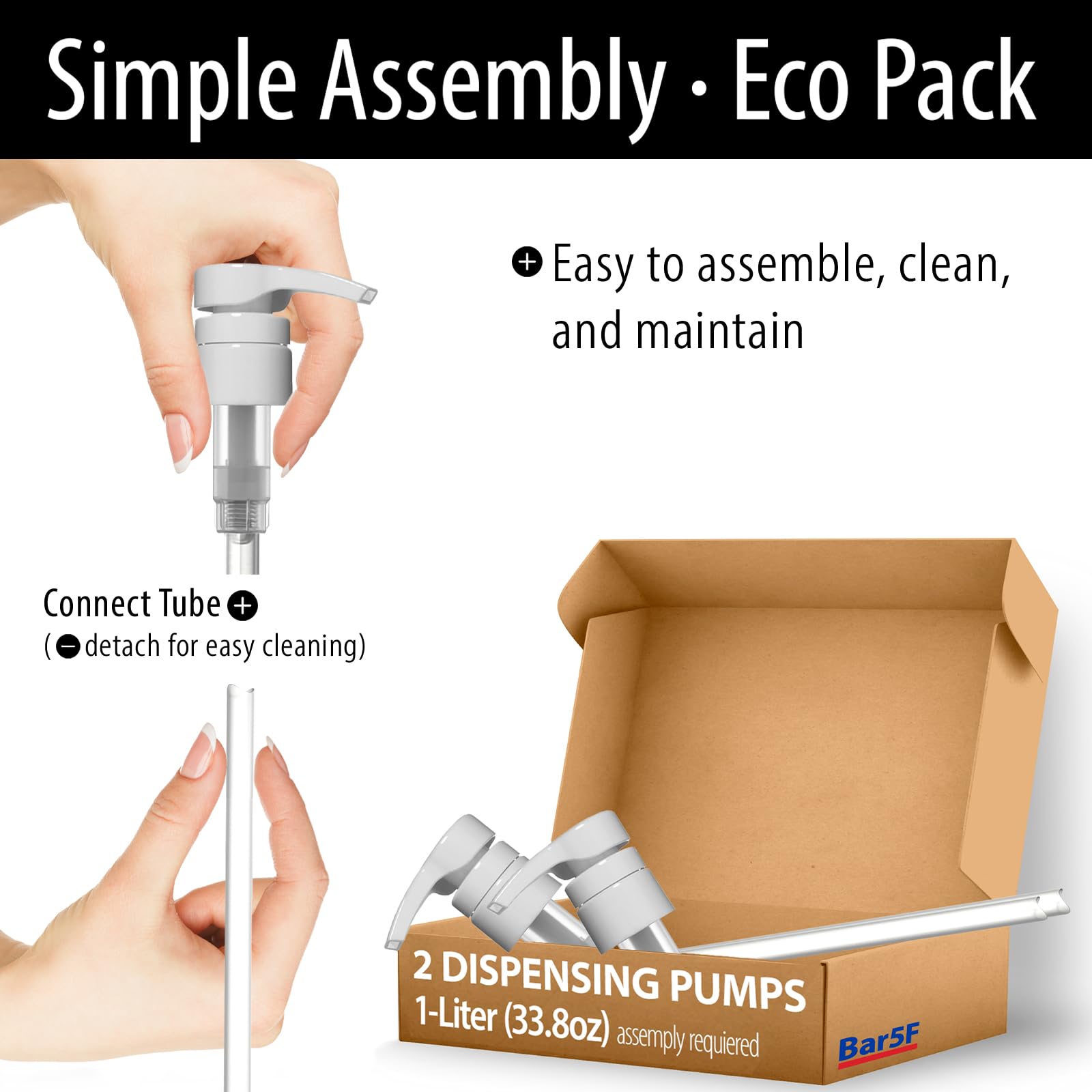 Bar5F Shampoo & Conditioner Pumps for 1 L / 33.8 oz Bottles | Fits 1? Neck | Replacement Pump Top for Soap, Lotion & Body Wash (2-Pack White (Jet))