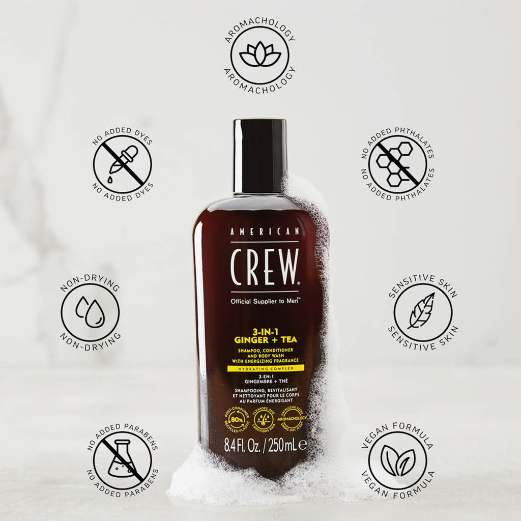 AMERICAN CREW 3-in-1 Ginger & Tea, Shampoo, Conditioner & Body Wash for Men, All-in-One Care with Revitalizing and Refreshing Fragrance, 15.2 fl oz