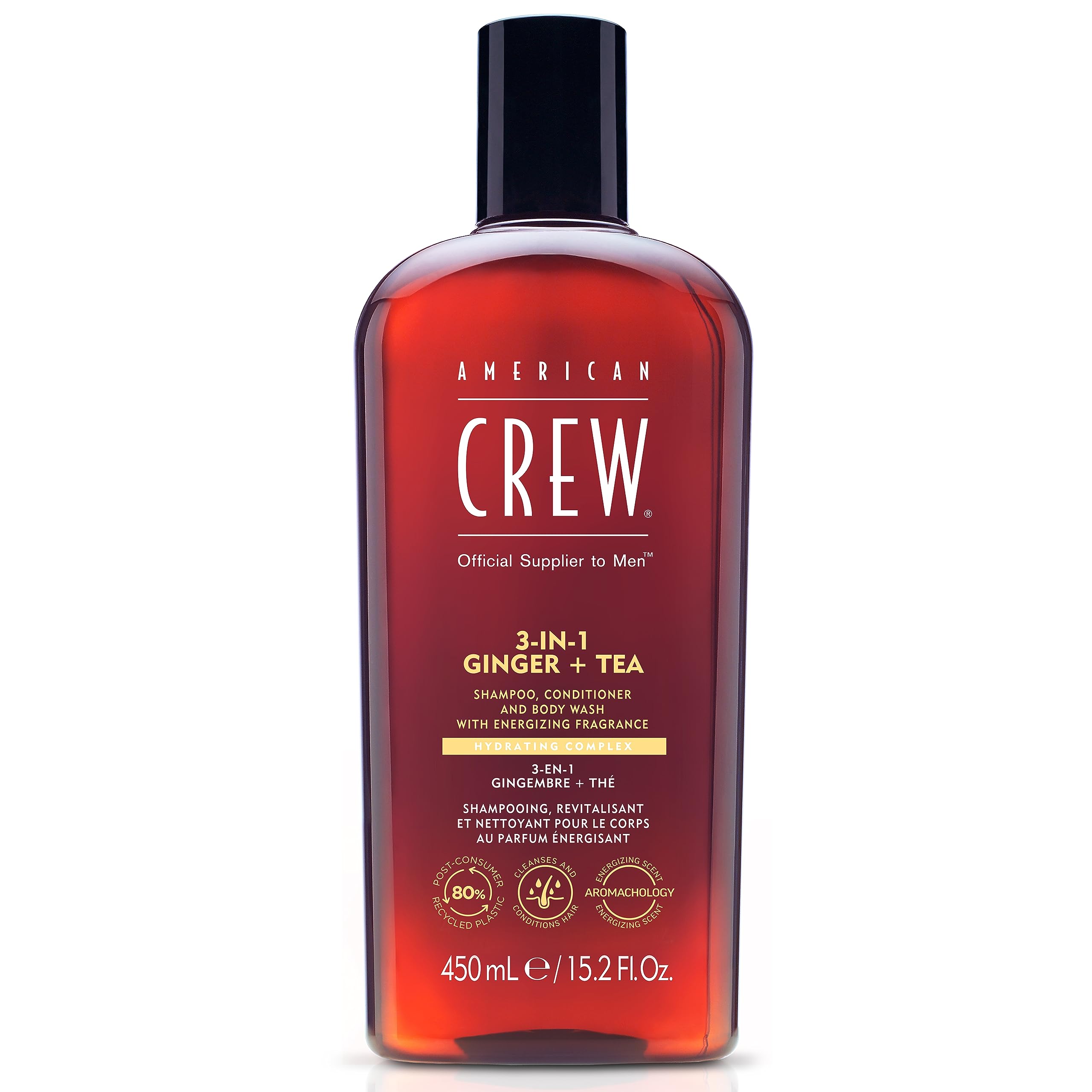 AMERICAN CREW 3-in-1 Ginger & Tea, Shampoo, Conditioner & Body Wash for Men, All-in-One Care with Revitalizing and Refreshing Fragrance, 15.2 fl oz