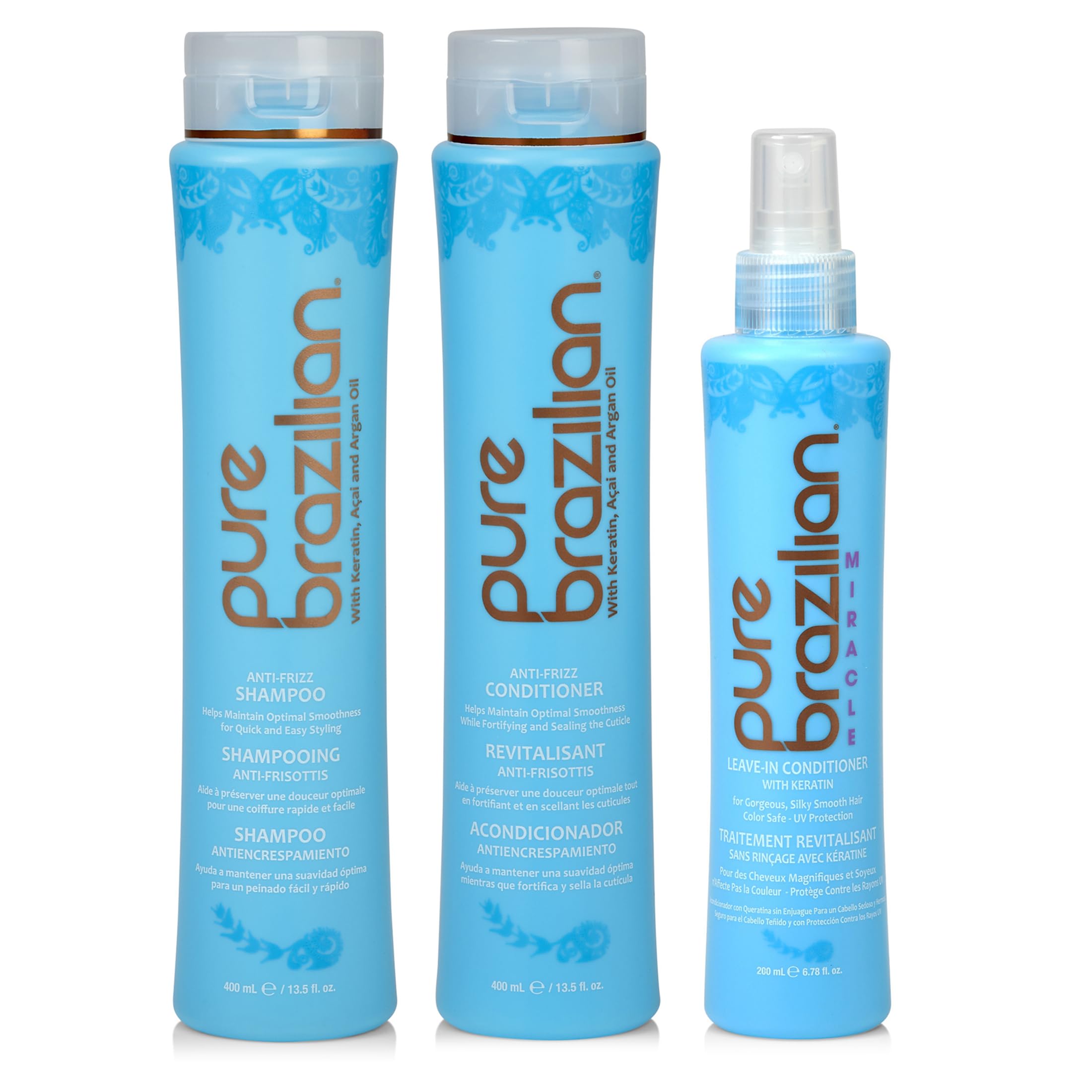 Pure Brazilian 3-Piece Daily Essentials Kit: Anti-Frizz Shampoo, Conditioner & Miracle Leave-In Conditioner with Keratin, Cocoa Butter & Bulgarian Rose Wate