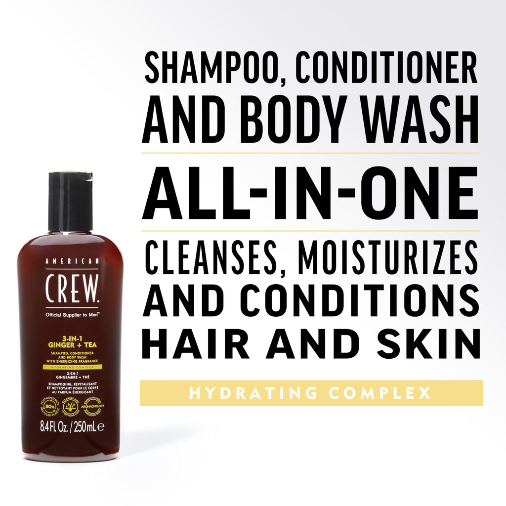 AMERICAN CREW 3-in-1 Ginger & Tea, Shampoo, Conditioner & Body Wash for Men, All-in-One Care with Revitalizing and Refreshing Fragrance, 15.2 fl oz