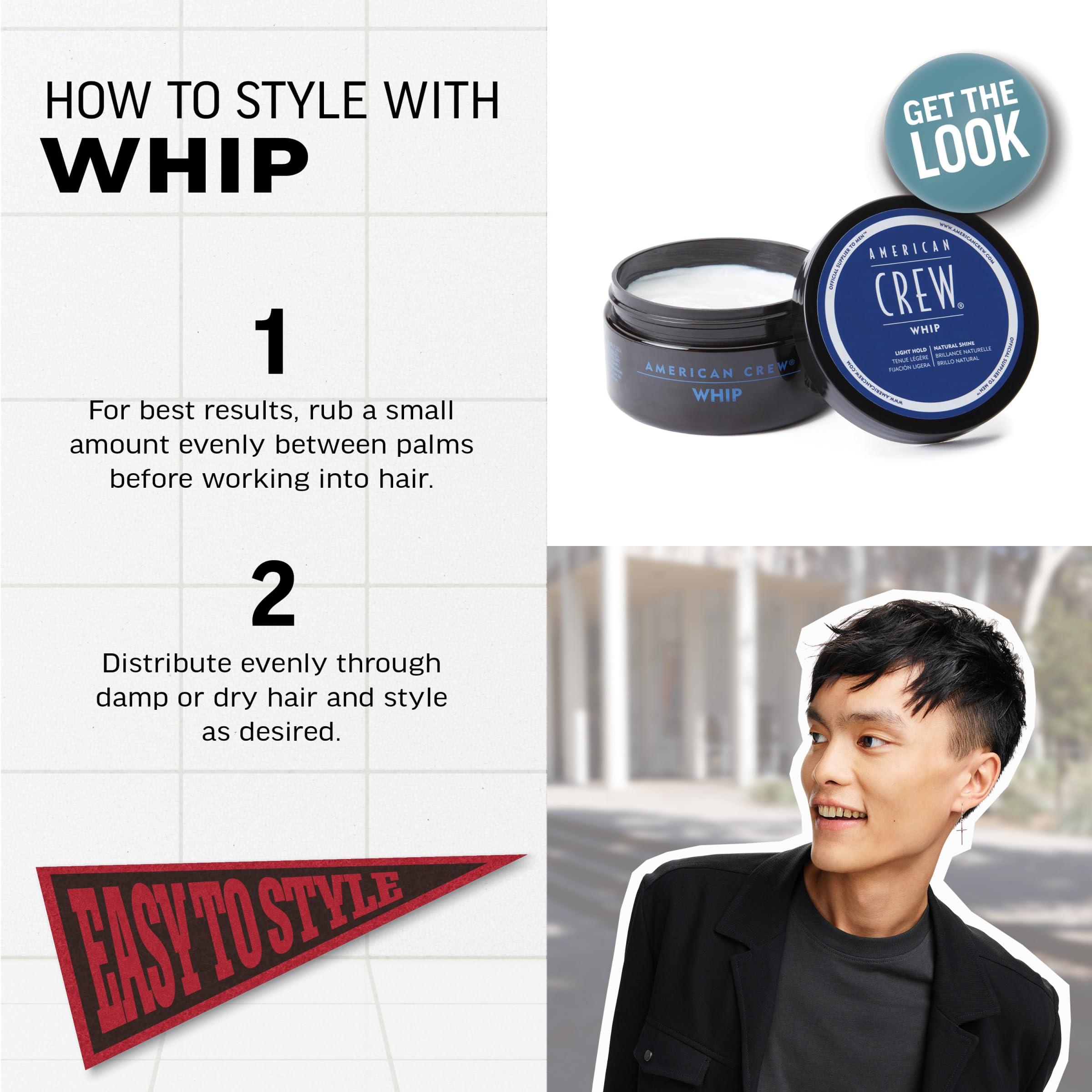 American Crew Men's Whip Styling Cream, Like Hair Gel with Light Hold & Natural Shine, 3 oz