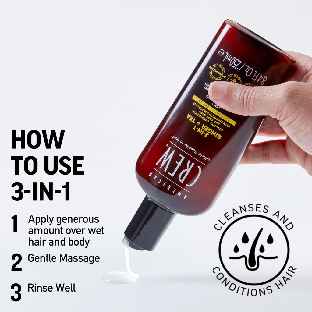 AMERICAN CREW 3-in-1 Ginger & Tea, Shampoo, Conditioner & Body Wash for Men, All-in-One Care with Revitalizing and Refreshing Fragrance, 15.2 fl oz