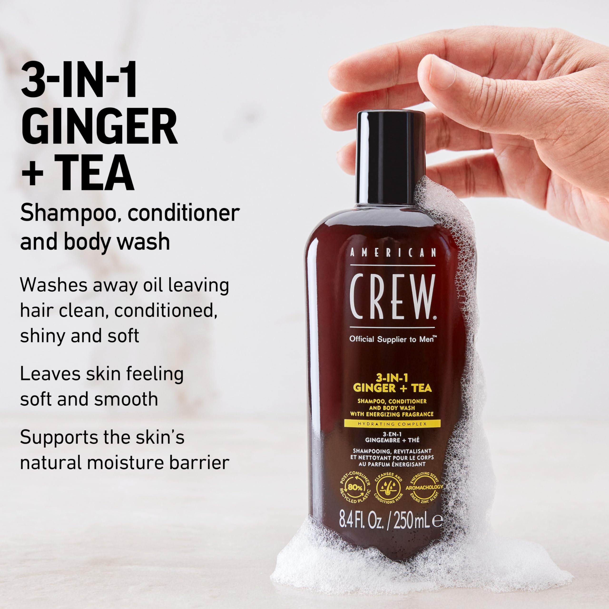 AMERICAN CREW 3-in-1 Ginger & Tea, Shampoo, Conditioner & Body Wash for Men, All-in-One Care with Revitalizing and Refreshing Fragrance, 15.2 fl oz